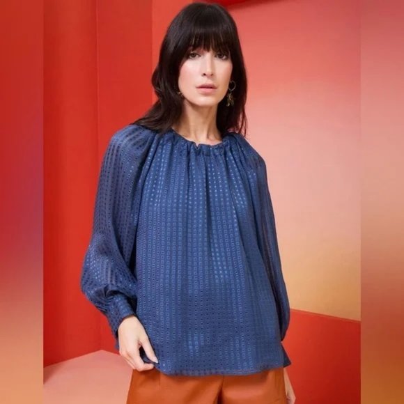 Marie Oliver Jenna Blouse Size L Ocean Blue Check Relaxed Fit Full Long Sleeves - Picture 1 of 10